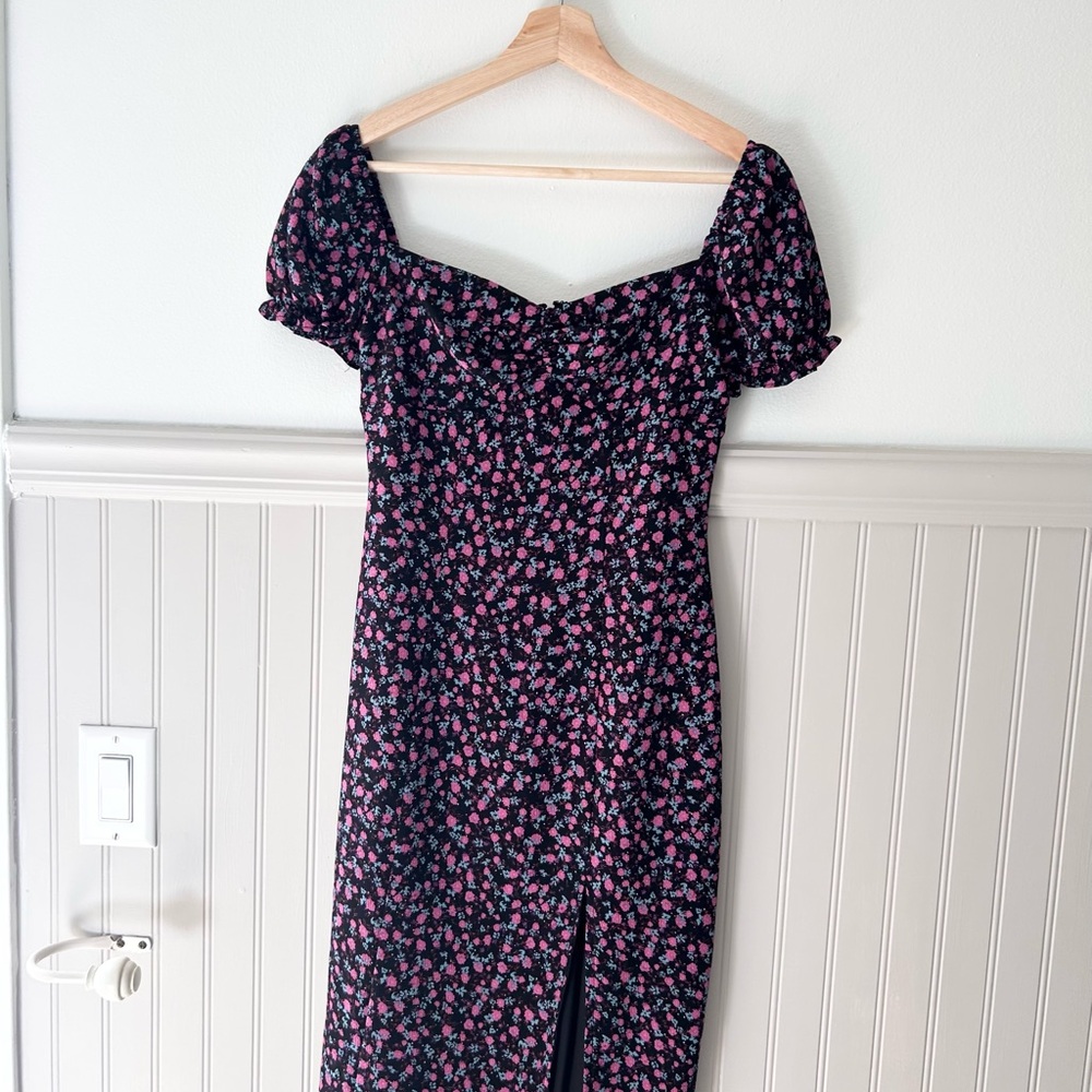 🖤 Purple Floral Midi Dress – Puff Sleeves | Sweetheart Neck Size XS - Picture 2 of 10
